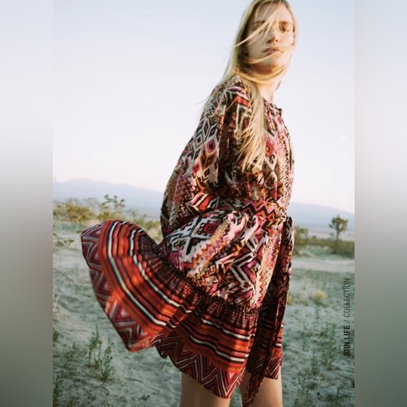 ZARA TRIBAL PRINT SLEEVED MINI DRESS SIZE SMALL - Picture 3 of 16
